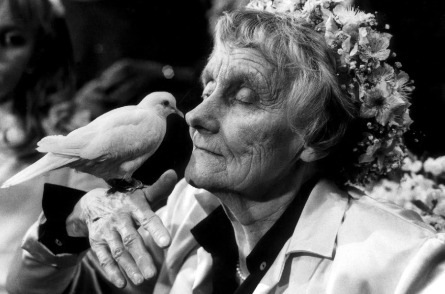  Astrid Lindgren beyaz bir güvercini parmağında severken.